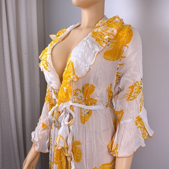 Vintage Yellow Floral Ruffle Wrap swim cover up kimono Dress Sz 2X - Picture 4 of 12
